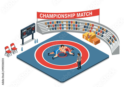 Wrestlers engaging in a championship match on a mat in a crowded arena viewed from above