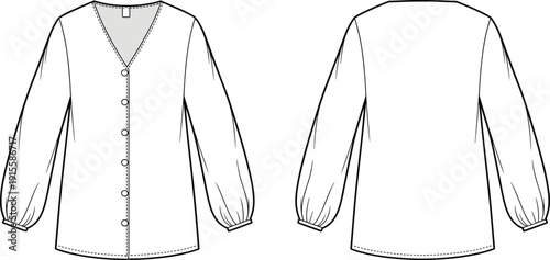 Women blouse technical flat drawing showing front and back views with long puff sleeves, button placket, fashion apparel outline, black and white vector illustration isolated on white background