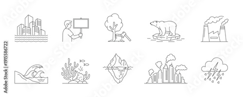 Climate change and environmental crisis line icon set. Editable stroke. Vector illustration.