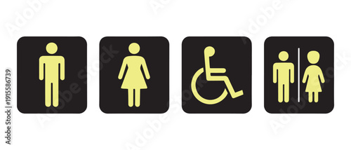 Set of universal restroom signs. men, women, disabled, and unisex icons on black square background, accessibility symbol.