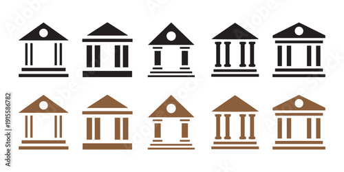 Set of Bank and Government Building Icons, Classical Architecture Symbols in Black and Brown, Vector Illustrations on White Background.