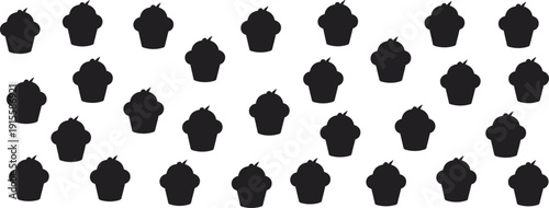 Black silhouette illustration of thirty cupcakes arranged in grid pattern, showcasing uniform design and frosting details, perfect for food, dessert, bakery, design, and educational concepts.