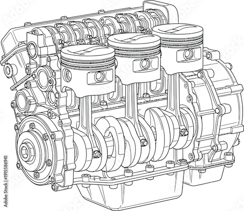 Detailed Line Drawing of an Internal Combustion Engine with Exposed Pistons and Crankshaft.