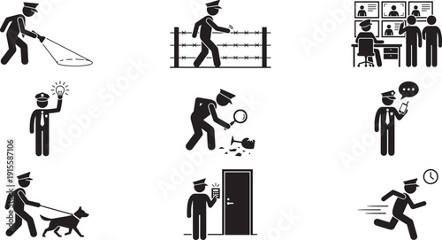 Security guard actions icon set, black silhouette patrol surveillance investigation and emergency response collection