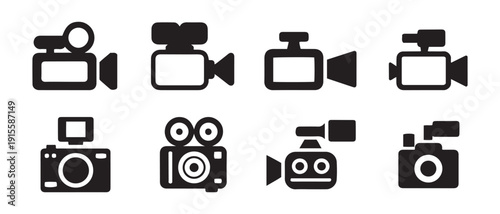 Collection of  video camera and camcorder icons in simple, modern graphic style on white background.