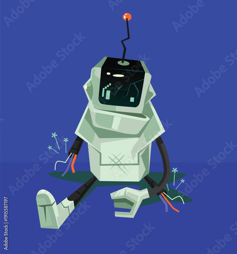 Broken Robot Illustration – Cute Robotic Character with Sparking Wires and Cracked Screen Representing Technical Failure and System Malfunction