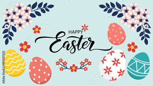 Happy Easter floral eggs greeting banner