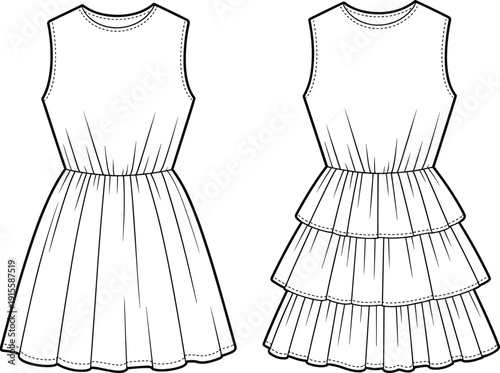 Women sleeveless dress front and back view technical fashion sketch, tiered skirt and simple A line garment outline isolated on white background vector illustration