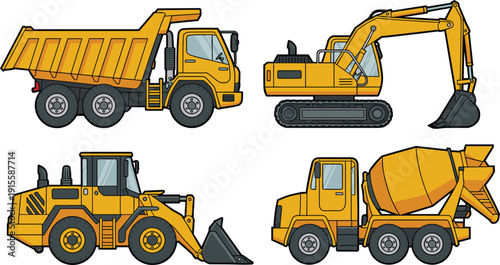 Yellow construction machinery set including dump truck, excavator, wheel loader and concrete mixer, heavy equipment vector illustration isolated on white background