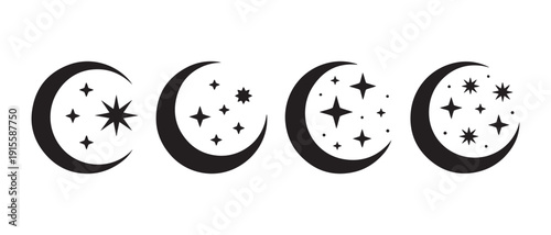 Set of Crescent Moon Icons with Stars, Celestial Body Symbols, Night Sky Elements, Astrology and Astronomy Icons.