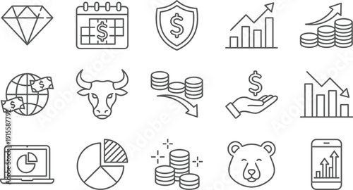 Financial Investment and Stock Market Vector Icon Set Featuring Bull and Bear Market Symbols, Currency Growth Charts, Banking Security Shield, and Global Economy Graphics.