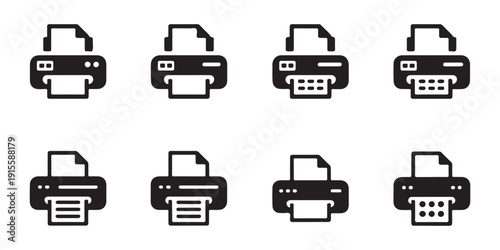 Set of printer icons, including inkjet and laser variations, representing document printing and office technology.