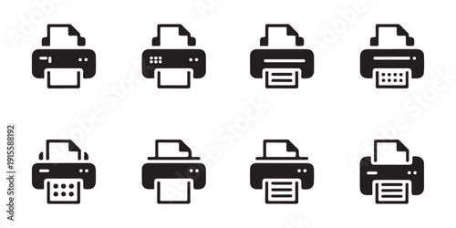 Set of Various Printer Icons. Modern Office Technology for Printing Documents, Simple Black and White Vector Graphics.