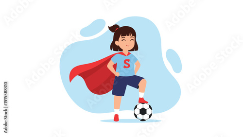 Confident young girl dressed in a red superhero cape, standing proudly with her foot on a soccer ball, symbolizing strength, ambition, and female empowerment.