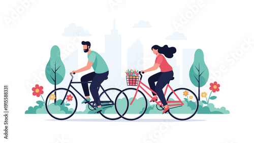 Happy couple joyfully cycling side-by-side through a lush green park, with a vibrant city skyline in the background, promoting active and romantic outdoor leisure.
