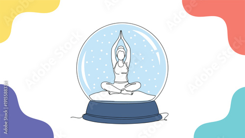 Serene woman meditating peacefully in a transparent snow globe, surrounded by falling snowflakes, symbolizing tranquility, isolation, and inner calm.