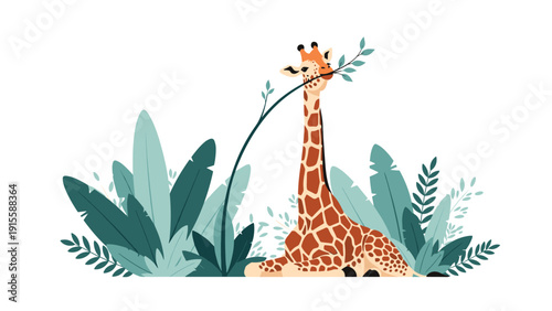 Graceful giraffe peacefully sitting amidst lush green foliage, gracefully extending its neck to enjoy a fresh leaf, depicting a calm natural habitat.