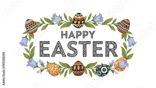 Festive "Happy Easter" text elegantly nestled within a charming wreath of beautifully decorated Easter eggs and delicate spring flowers, celebrating the holiday.