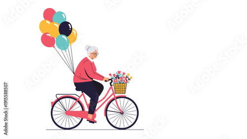 Joyful elderly woman cycles a classic bicycle, featuring a charming basket filled with colorful flowers and a bunch of balloons, symbolizing happiness and vitality.
