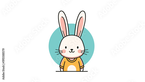 Adorable cartoon rabbit wearing a cheerful yellow shirt, set against a calming blue circle background, presenting a sweet and friendly character.