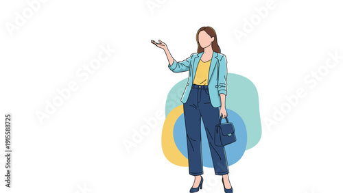 Confident businesswoman standing elegantly, holding a stylish briefcase, and gesturing with her hand, suggesting a presentation or explanation.