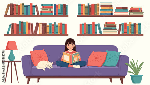 Cozy girl happily reads a captivating book on a comfortable sofa with a sleeping cat, surrounded by tall bookshelves filled with diverse literature, symbolizing a love for reading.
