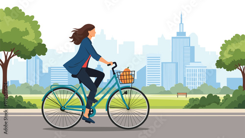 Stylish young woman gracefully cycling a turquoise bicycle with a front basket through a vibrant city park, with modern buildings in the background, promoting urban cycling.