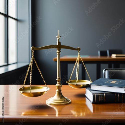 Brass scales on a lawyers desk symbolizing justice in court proceedings with space for text