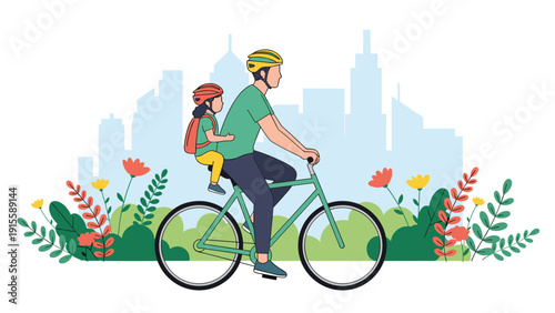 Loving father cycles with his happy child securely seated on a bike, traversing a vibrant city park with a modern cityscape background, promoting family outdoor fun.