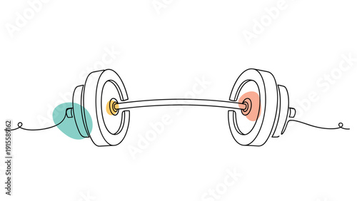 Dynamic single continuous line drawing of a powerful barbell with artistic colorful accents, gracefully symbolizing strength, fitness, and active lifestyle.