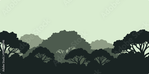 Modern flat illustration of dense forest silhouette with soft gradient sky. Ideal for natural scenery, calm background, outdoor themes, and graphic design elements.