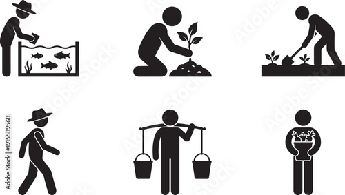 Agriculture farming activity icon set, farmer planting digging fishing carrying harvest silhouette vector collection