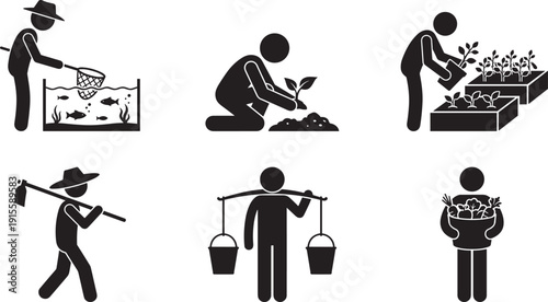 Agriculture farming activity icon set, farmer fishing planting watering harvesting carrying crops silhouette collection