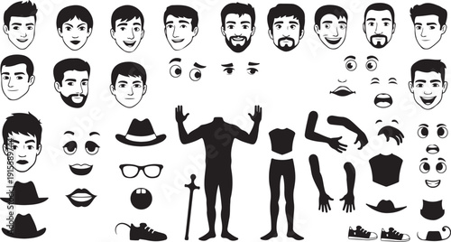 Collection of minimalist cartoon male faces and character creation elements for kids