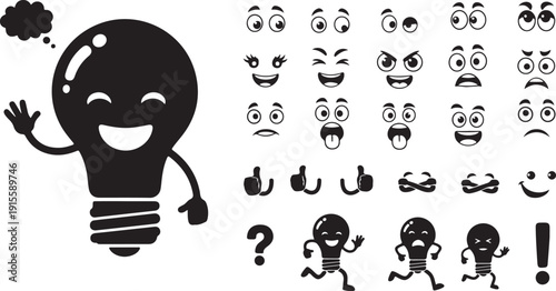 Cute minimalist cartoon lightbulb characters with various expressions, idea and creativity icons.