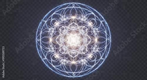 Stunning glowing mandala with intricate white lines and bright center