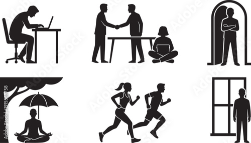 Business lifestyle and daily activities silhouette set, office handshake meditation running quarantine remote work illustration