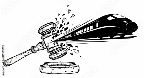 High-speed train smashing through a gavel, symbolizing disruption of legal process.