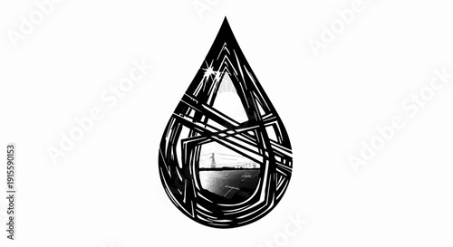 Abstract metallic drop shape with industrial landscape reflection