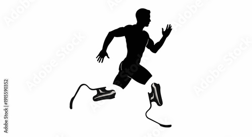 Athlete with prosthetic legs running dynamically, symbolizing strength and determination