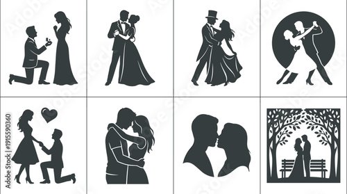 Elegant romantic couple silhouette collection, proposal wedding dance embrace kiss love story vector illustration set