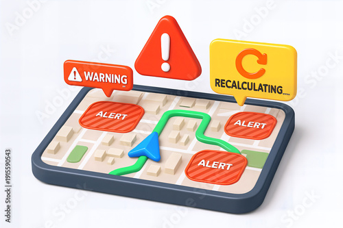 Colorful digital map displaying recalculating alerts for navigation challenges.