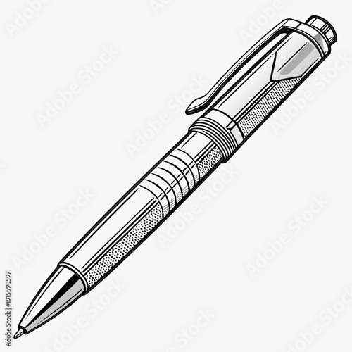 Detailed black and white illustration of a modern ballpoint pen with textured grip and clip.