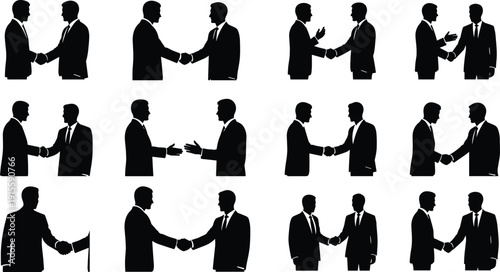 Handshake silhouette illustration set, twelve black icons business people greeting professional etiquette posture gesture design, vector artwork, corporate and lifestyle theme, isolated background