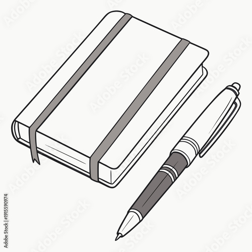 Sleek Ballpoint Pen and Closed Journal Notebook with Elastic Band Outline Illustration for Business and Creative Work