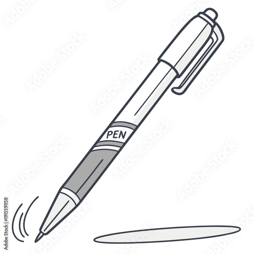 Monochrome doodle style ballpoint pen with 'PEN' label actively writing, isolated vector illustration with shadow, suitable for educational or office-related designs.