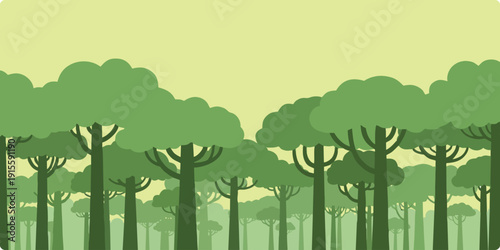 Vibrant green woodland landscape in clean flat style. Perfect for spring season themes, eco awareness, camping, hiking, and outdoor adventure visuals.
