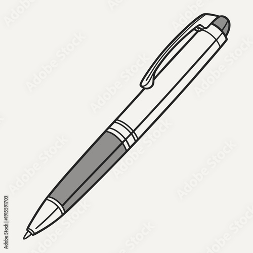 Simple Black and White Line Art Illustration of a Modern Ballpoint Pen. Essential Office and School Writing Tool Vector.