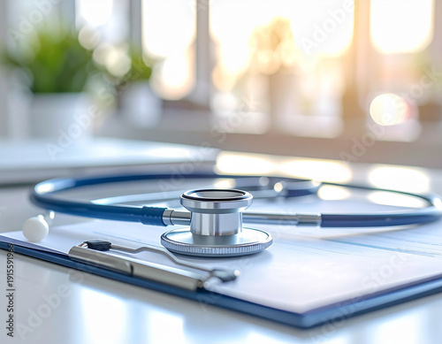 A stethoscope is on top of a clipboard. The clipboard has a pen on it. The stethoscope is blue