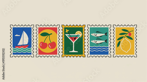 Retro travel postage stamps with decorative frames and scalloped edges, vibrant vintage design
